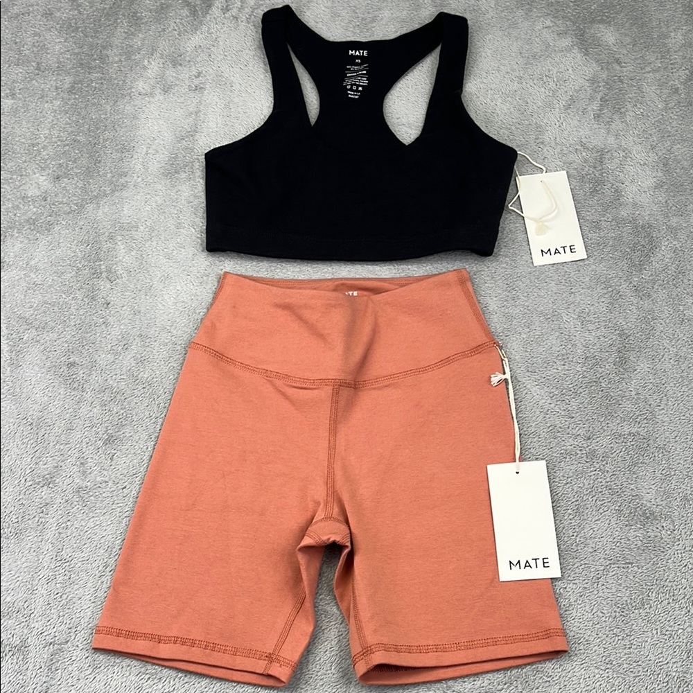 NEW MATE The Label XS Organic Cotton Stretch Black Sports Bra and Rose Shorts